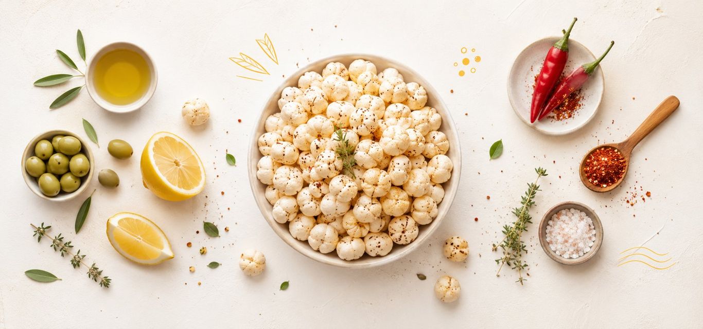 A white bowl of golden roasted makhana surrounded by lemon halves, red chillies, herbs and small bowls of spices on a clean off-white background